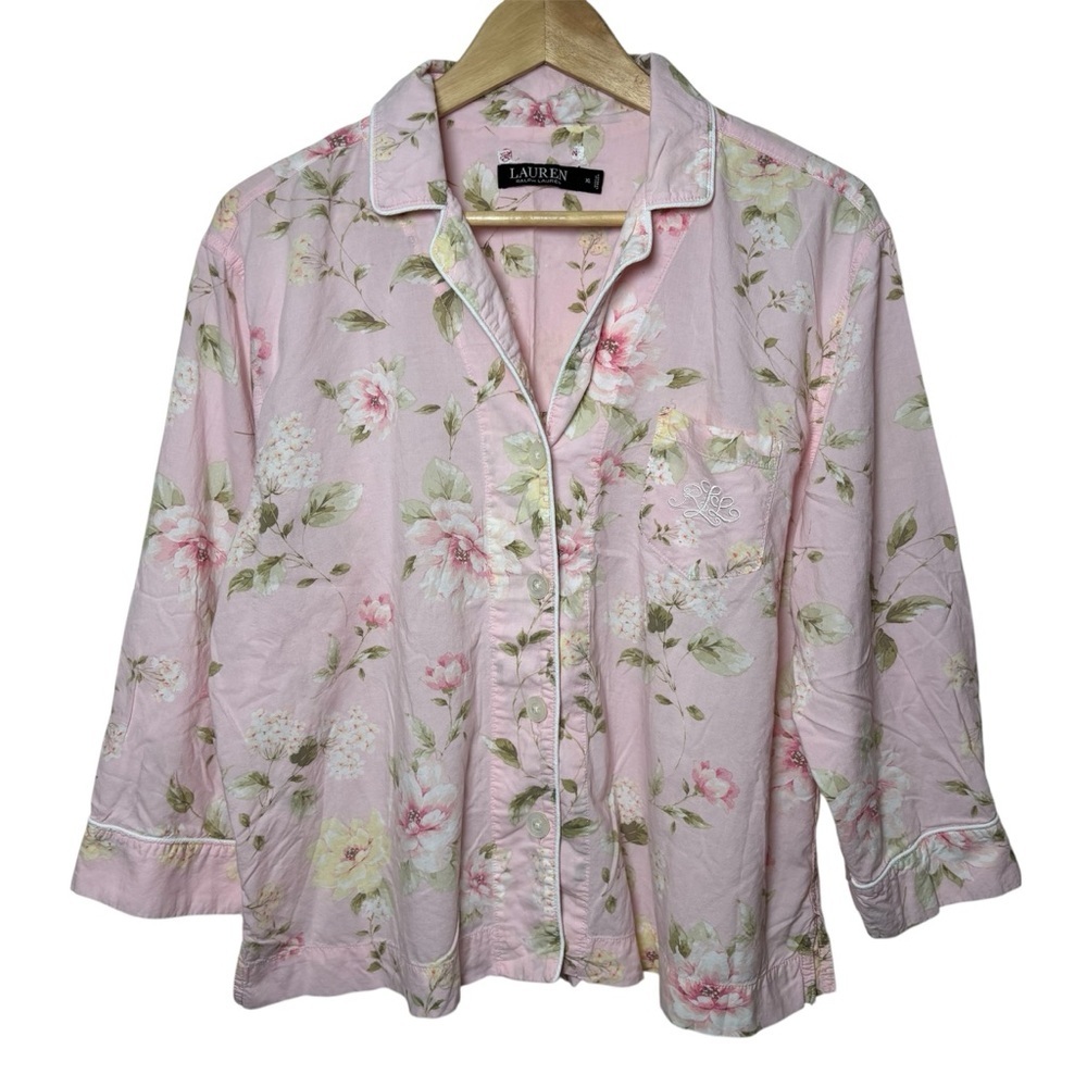 Lauren Ralph Lauren Pajama Top Black Label Womens XL Pink Floral Lightweight Lux
